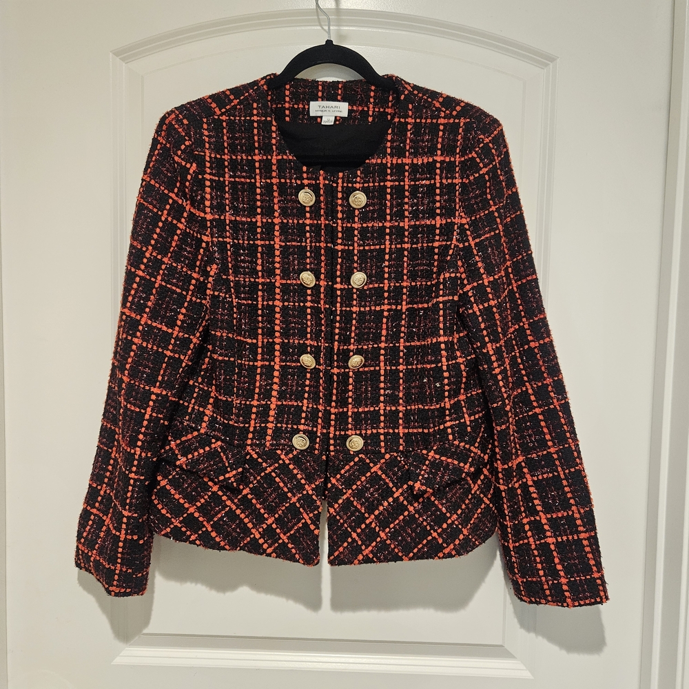 T Tahari Black and Red Tweed Double-Breasted Blazer